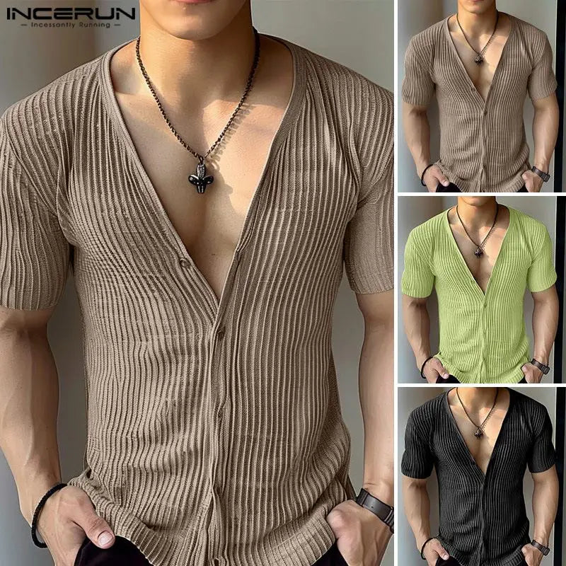 INCERUN Tops 2024 American Style Fashion New Men Deep V-neck Textured Striped Shirts Casual Streetwear Male Short Sleeved Blouse
