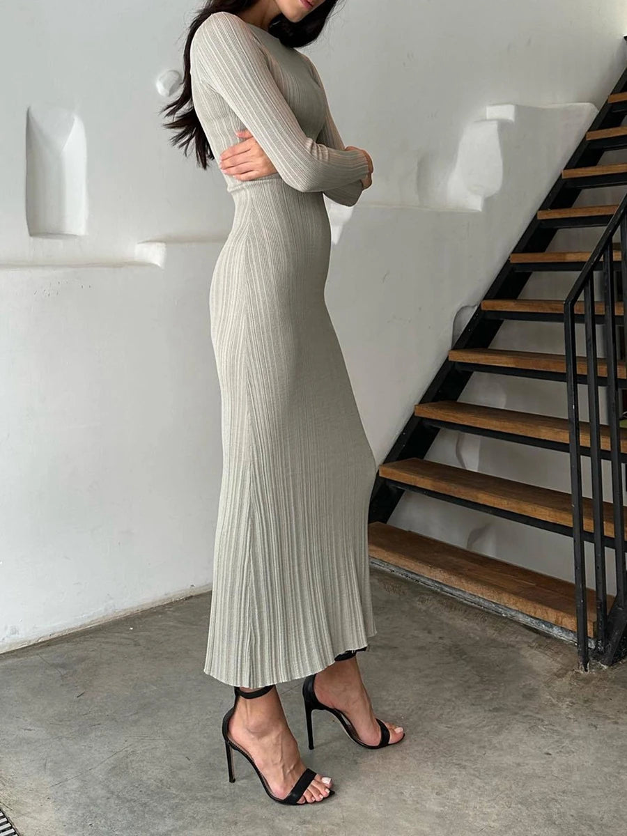 Women Spring Autumn Solid Color Bodycon Knit Dress Long Sleeve Crew Neck Ribbed Dress Slim Fit Long Dress