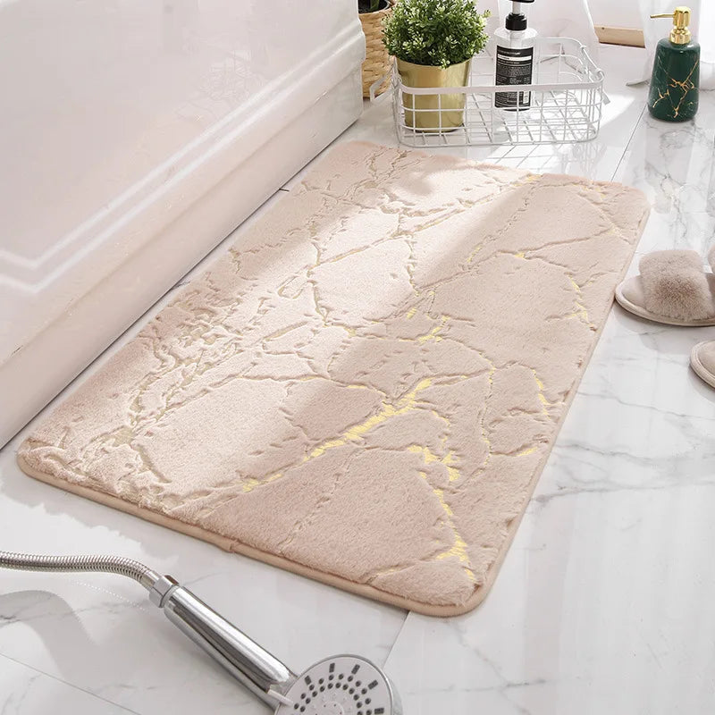 Inyahome Bath Mats for Bathroom Luxury White and Gold Non Slip and Soft Bathroom Rug Absorbent Bath Rug Decor for Kitchen Indoor