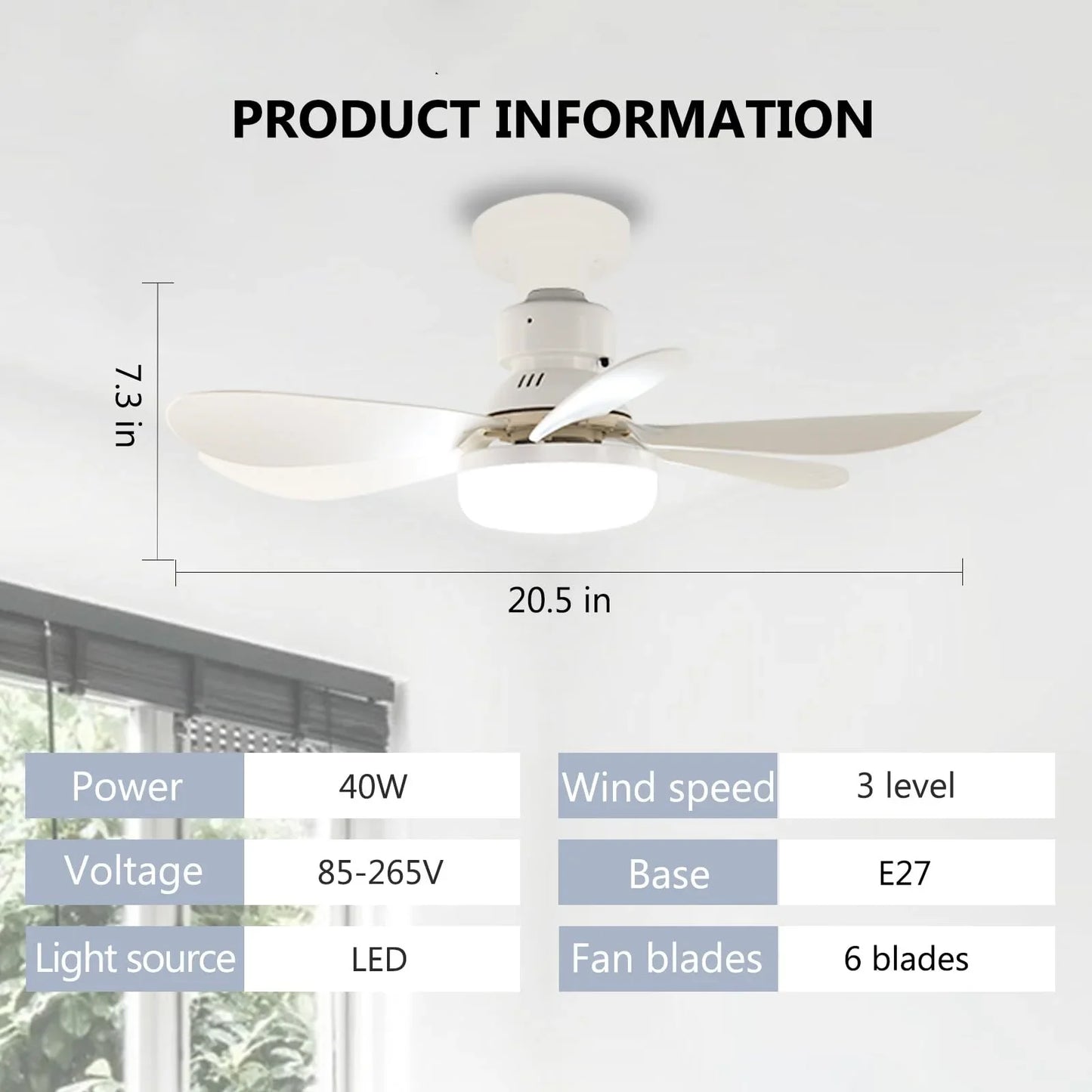 LED 40W Socket Ceiling Fan with Light, 20.5in Screw Ceiling Fans with Lights with Remote, For Bedroom/Garage/Kitchen