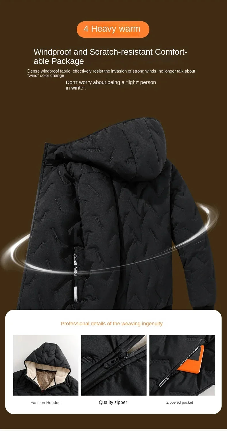 2024 new men's imitation wool cotton jacket thick and warm plus size loose and casual versatile solid color simple hooded top