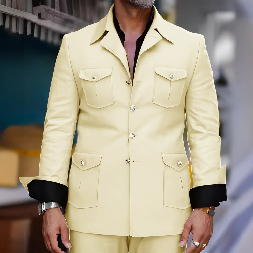 Tailored Casual Men Suits Orange 2 Pieces Set Safari Design Collar Autumn Coat Pant Business Designer Jacket Pant Men Prom Suits