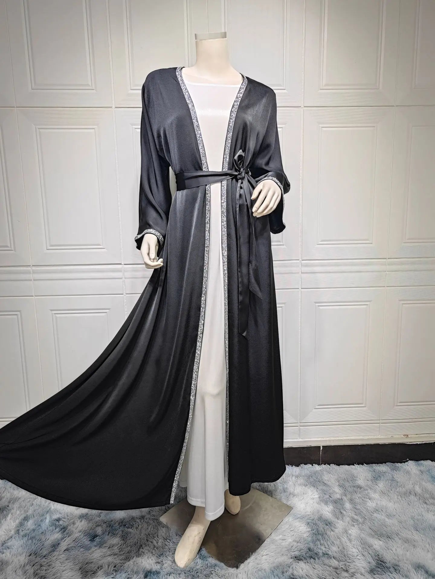 2024 Muslim Dress Diamond Women's Long Dress Fashion Long Sleeve Lace-up Long Abayas Casual Solid Color Clothes for Muslim Women