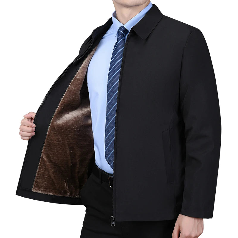Men Business Jacket Parkas Mid-aged Men's Lapel Jacket with Zipper Pockets for Formal Business or Casual Wear in Autumn Winter