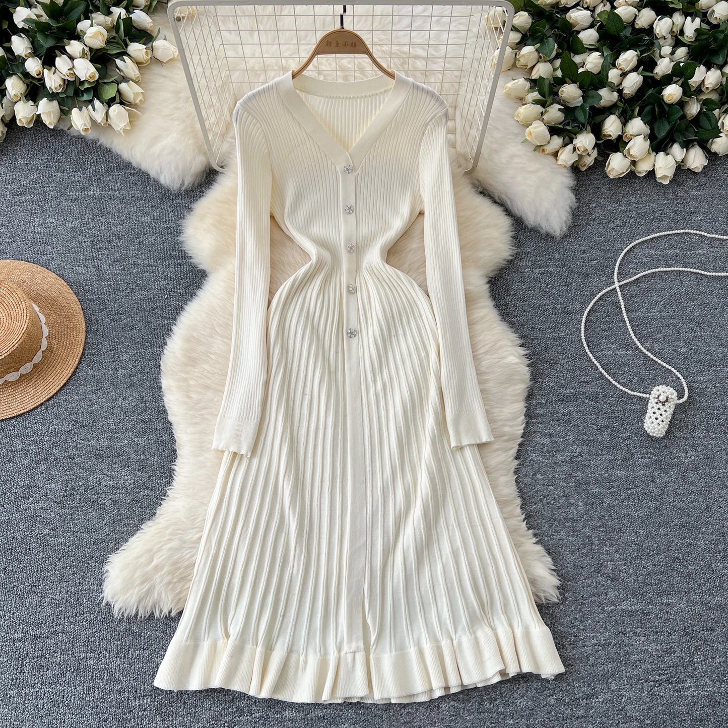 SINGREINY Autumn Knitting Sweater Dress Ladies V-Neck Single Breasted Full Sleeve Soft Slim Senior Knitted Casual Long Dress