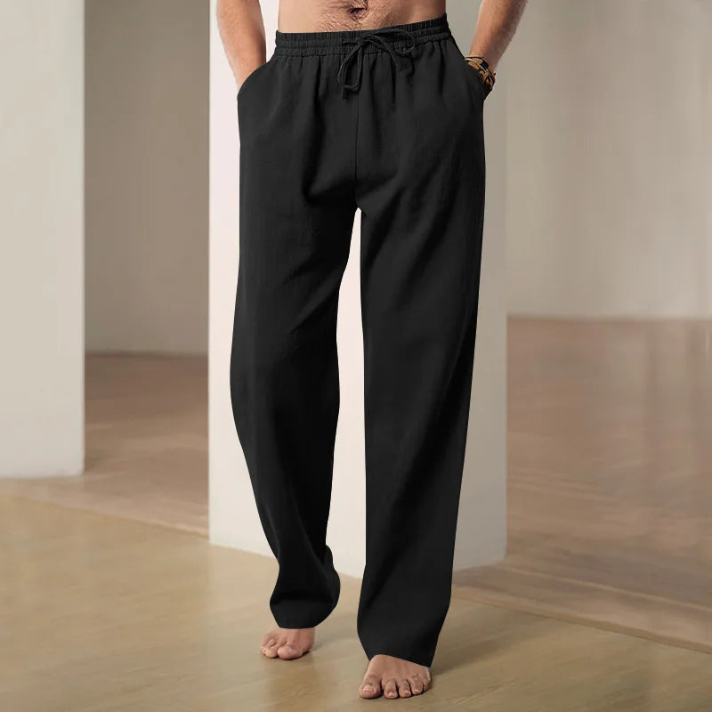 Men's summer cotton and linen loose straight wide-leg pants, casual sports linen long pants, jogging and fitness sportswear