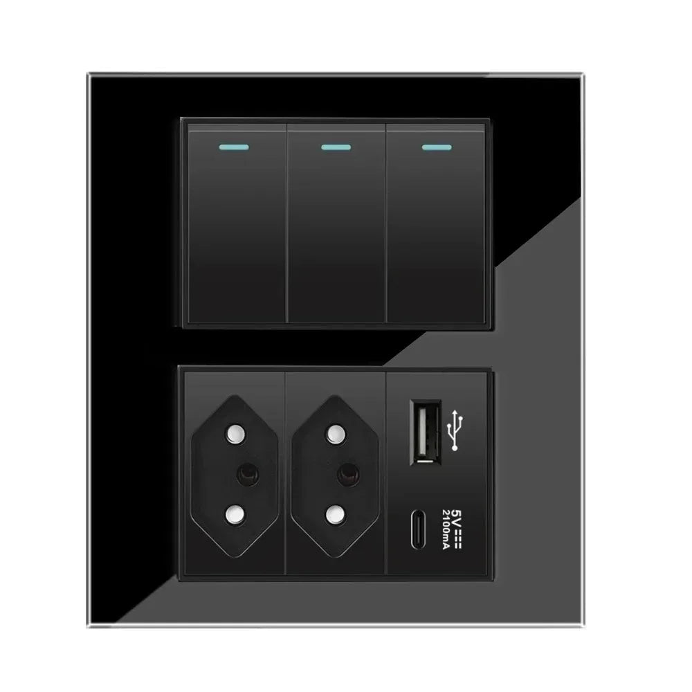 Melery 4*4 Brazil Plug 20A Wall Socket Tomada USB Type C Pressure Switch Tempered Glass Panel Outlets Indoor Home Office Kitchen