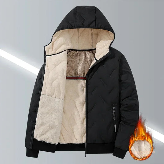 2024 new men's imitation wool cotton jacket thick and warm plus size loose and casual versatile solid color simple hooded top