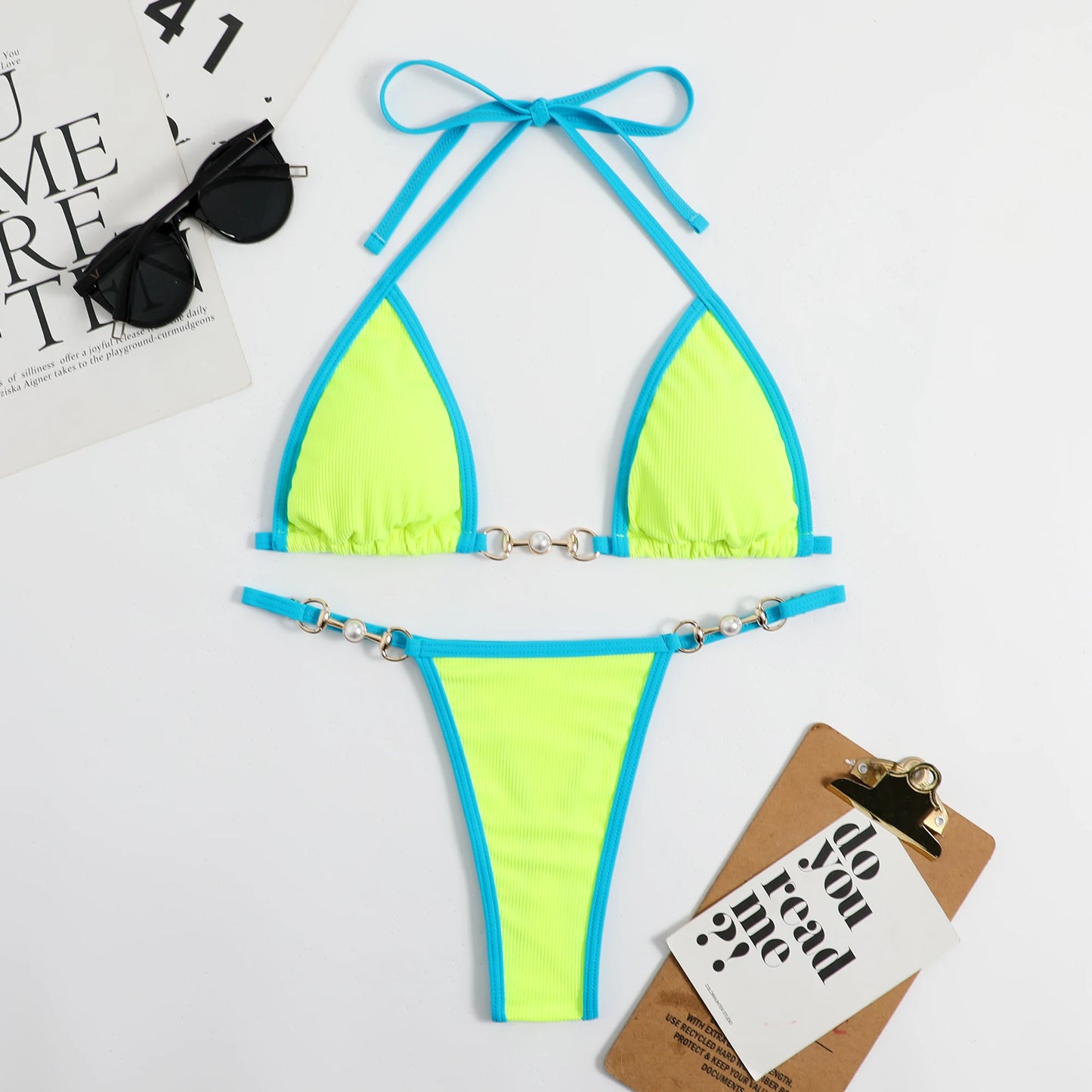 2023 New Sexy Ribbed Bikini Set Pearl Swimwear Women Swimsuit Female Halter Strappy Bikini Patchwork Bathing Suit Beachwear Swim