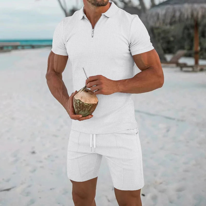 Men's Comfortable Short-Sleeved Waffle Polo Shirt And Shorts Set - Breathable Lightweight Spring/Summer Clothing