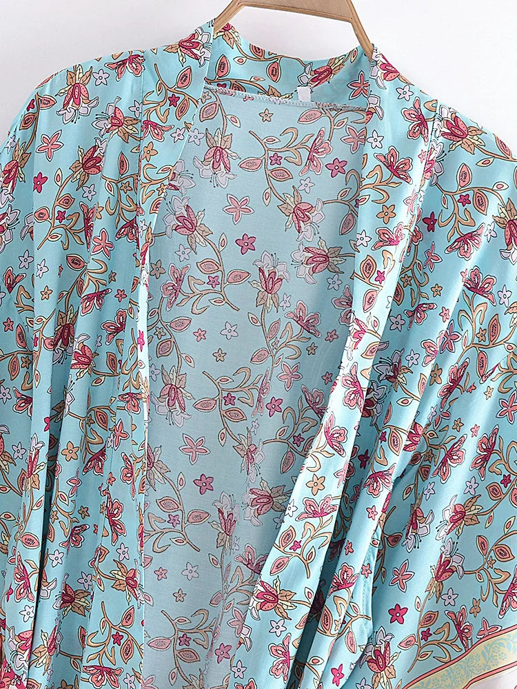 Vintage Chic Women Blue Floral Print Summer Bohemian Kimono Dress Ladies Batwing Sleeves Boho Maxi Bikini Cover-ups Beach Wear