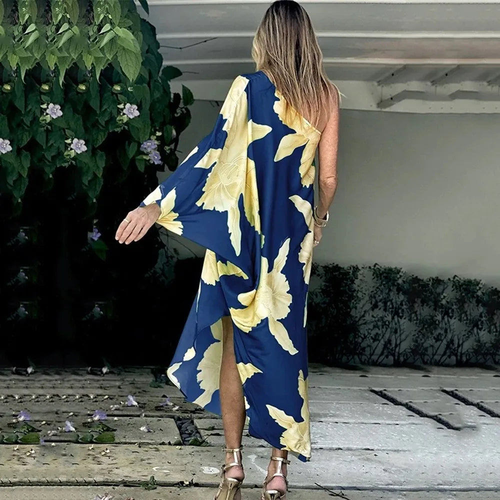 Color Butterfly Print One Shoulder Sleeve Dresses Women Sexy Off Shoulder Loose Beach Vacation Irregular Long Dress Streetwear
