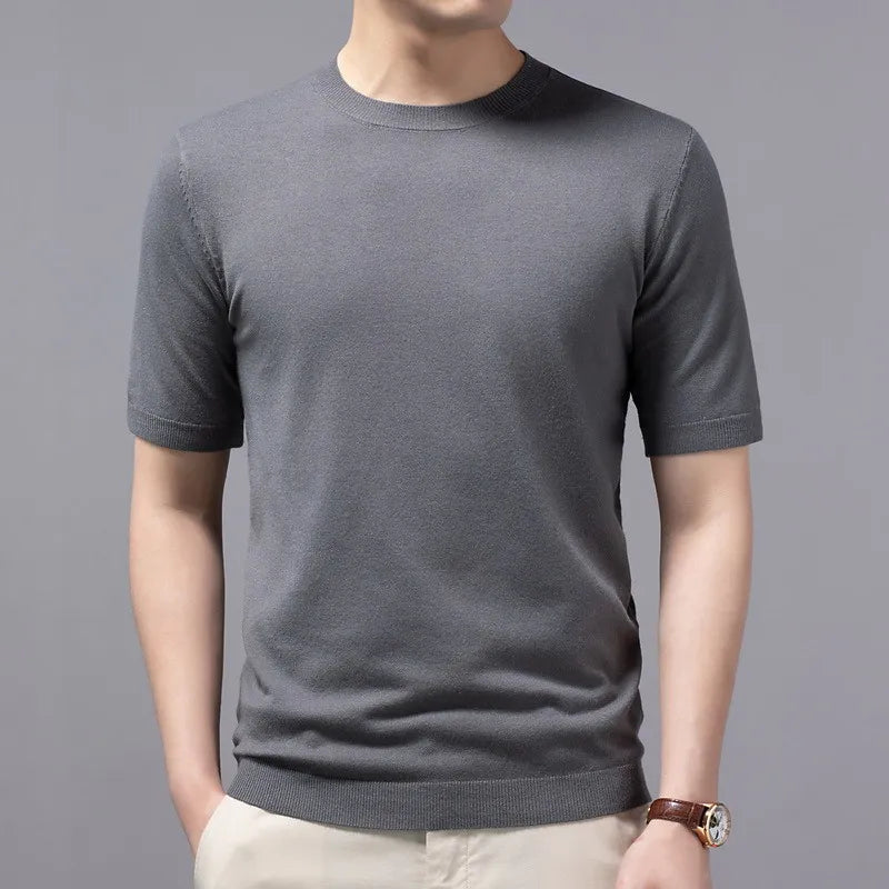 Superfine Merino Cashmere Knitted O-neck T-shirt for Men's Clothing Short Sleeve Tee Solid Color Trend Leisure Tee Tops ﻿
