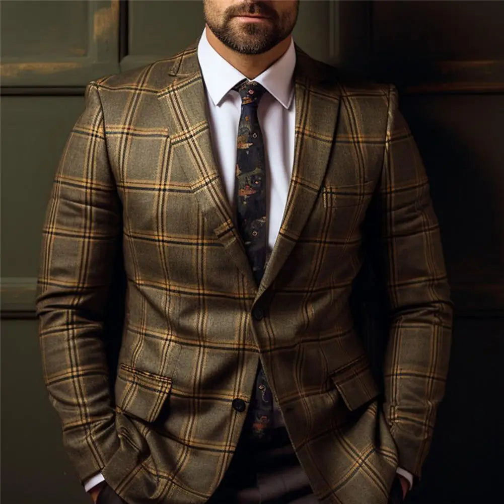 Vintage Men Suit Formal Slim Fit Plaid Print Business Jacket Long Sleeve Single Button Men Office Attire Coat