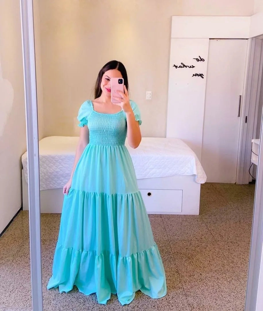 2025 Spring Summer New Women Closing Solid Color Square Collar Short Sleeve Long Dress Vestidos Largos vestidos verano moda 2024