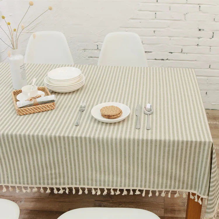 CFen A's Quality Dining Tablecloth Rectangle Cotton Linen Stripe Print Table Cloth Tassels Home Kitchen Banquet Table Cover 1pc
