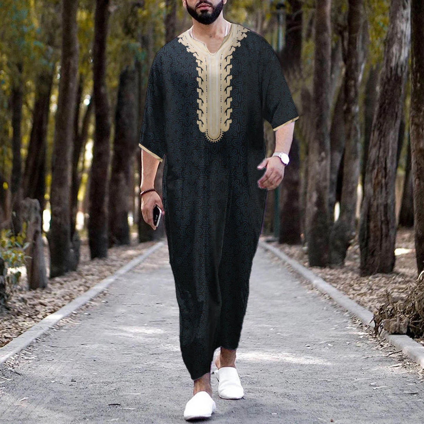 Men Muslim Summer Fashion Loose Robe Islam Kaftan Men Clothing Dubai Luxury Muslim Abaya Muslim V-neck Short Sleeve Printing