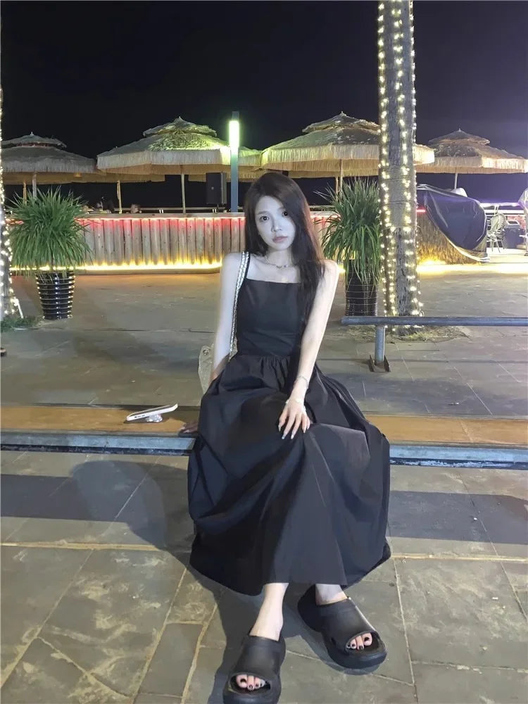 French Style Sexy Open-Back Blue Tank Dress Women's Summer Vacation Beach A- Line Long Dress Beach Vacation Dress