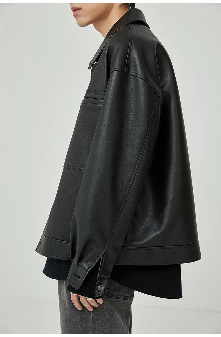 Mauroicardi Spring Autumn Short Oversized Brown Black Soft Faux Leather Jackets for Men Pockets Long Sleeve Korean Fashion 2022