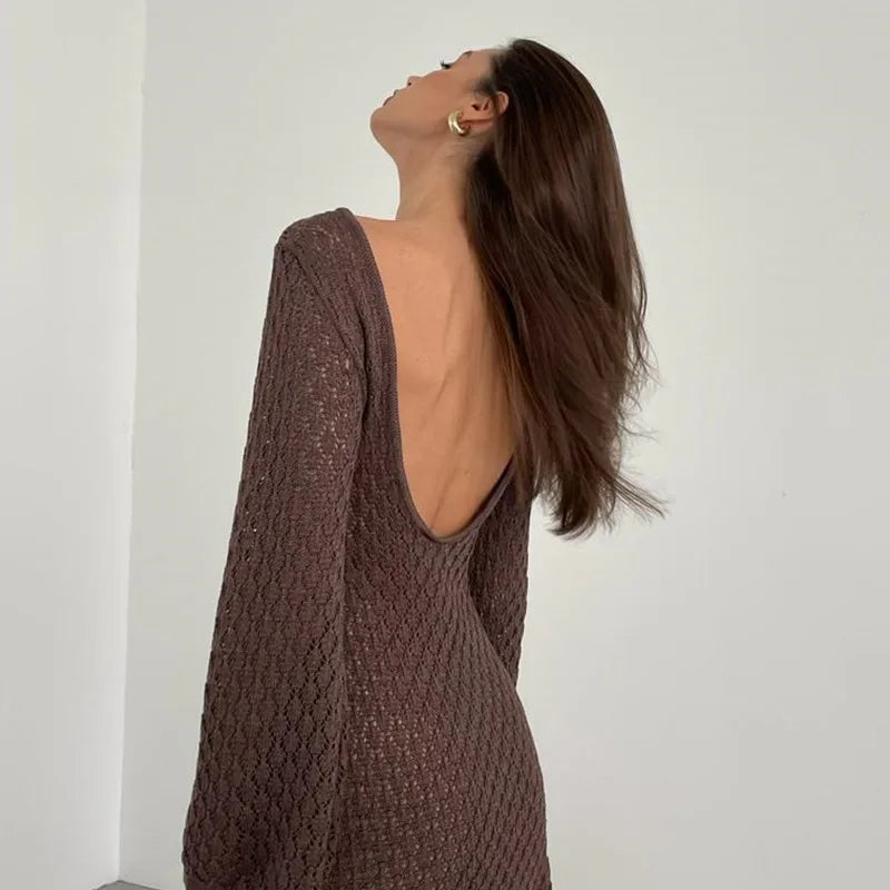 Sexy Cover Up Long Sleeve Long Dress Women Backless Beach Wear Bathing Suit Knitting Swimwear knitted Beach Dress Tunic Robe
