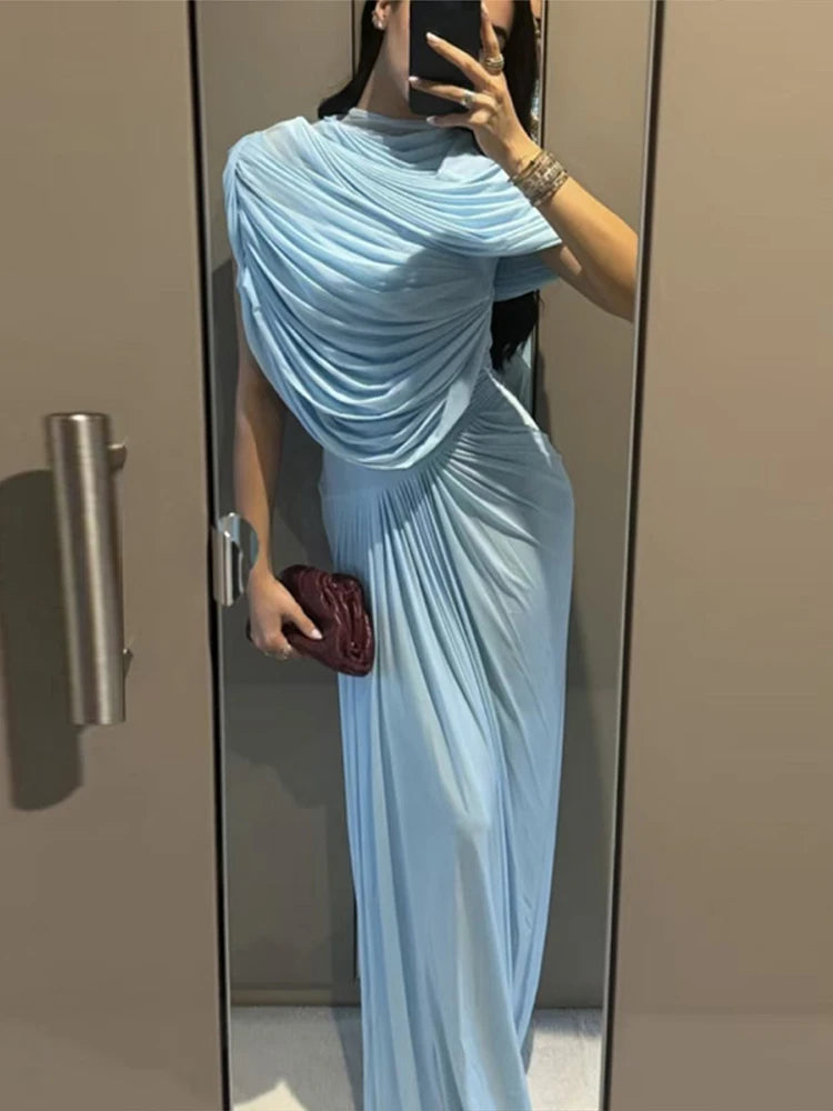 Shawl Long Dress Women Elegant Asymmetrical Chiffon Pleat Slim Waist Maxi Dresses 2025 Summer New Female Evening Party Prom Gown