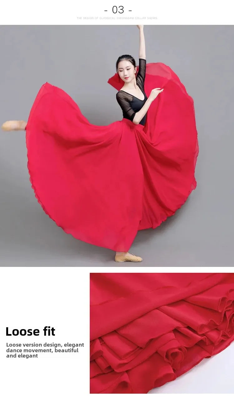 720 Degree Wide Dancing Skirt Chiffon Double Layer Semi-Long Dress Women's Solid Color Xinjiang Dance Skirt