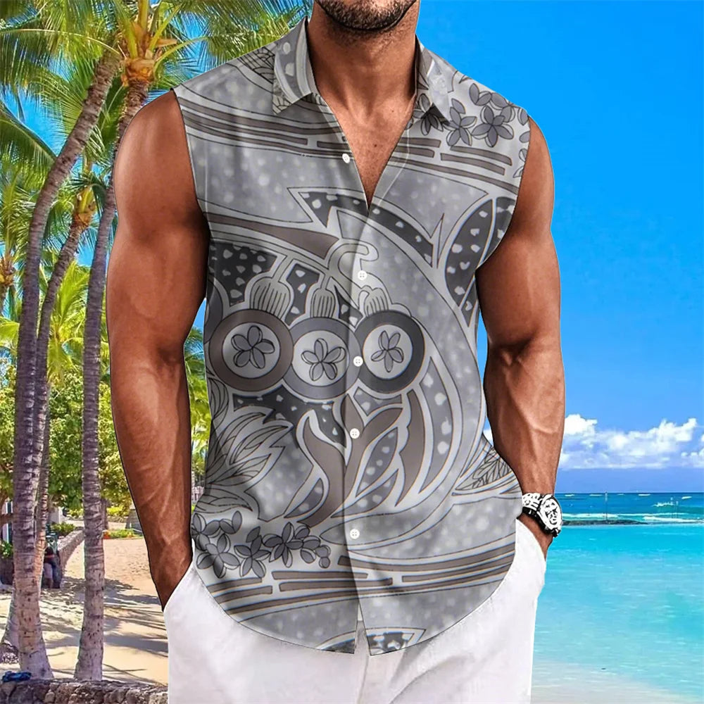 Ethnic Style Men's Shirts Cashew Flower Print Sleeveless Lapel Tops Hawaiian Shirt For Men Casual Vintage Oversized Men Clothing