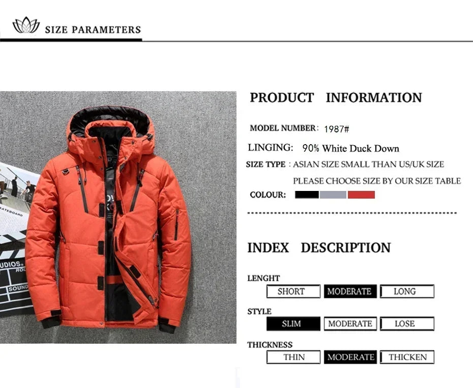New Male Warm Hooded Windproof Winter Down Jacket Outerwear Men's Down Jacket Snow High Quality White Duck Thick Parkas