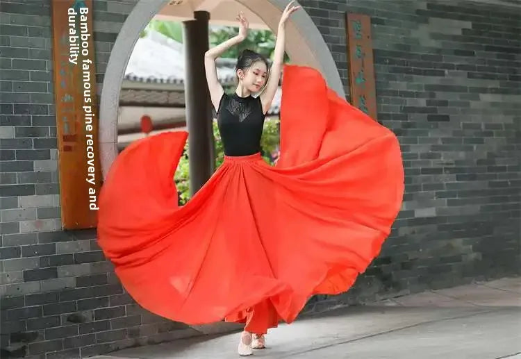 720 Degree Wide Dancing Skirt Chiffon Double Layer Semi-Long Dress Women's Solid Color Xinjiang Dance Skirt