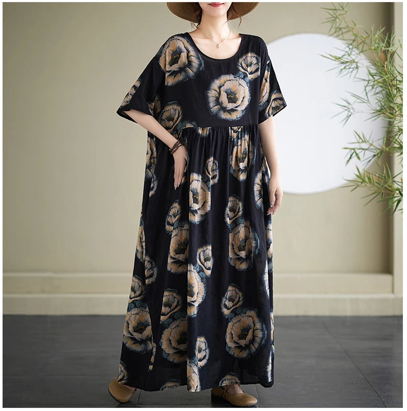 Oversized Summer Bohemian Style Long Dress Women Ruffle Pleated Fashion Flower Print Ladies Dresses Loose Casual Woman Dress