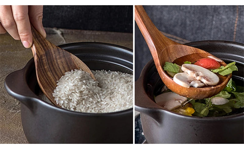 1~9PCS Thailand Teak Natural Wood Tableware Spoon Ladle Turner Long Rice Colander Soup Skimmer Cooking Spoons Scoop Kitchen Tool