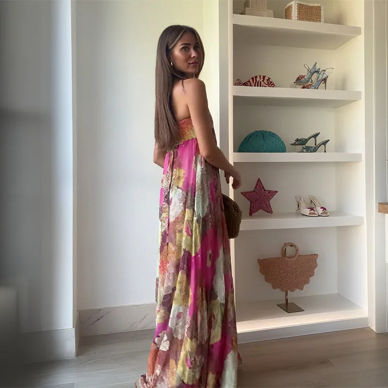 2025 Summer Strapless Dress Printed Women Long Dress Backless Pleats A-line Large Hem Robe Elegant Female Party Holiday Vestidos