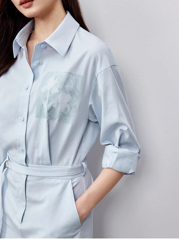 SENTUBILA Lyocell Shirt Dresses Womens 2025 Spring Cotton Embroidery A-line Turn Down Collar Solid Wrap Long Dress 151L58233
