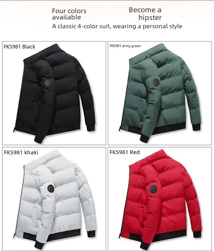 Men's Casual Cotton-padded Coat Winter Warm Thickened Solid Color Jacket Stand Collar Trendy Korean Style Fit Padded Jacket