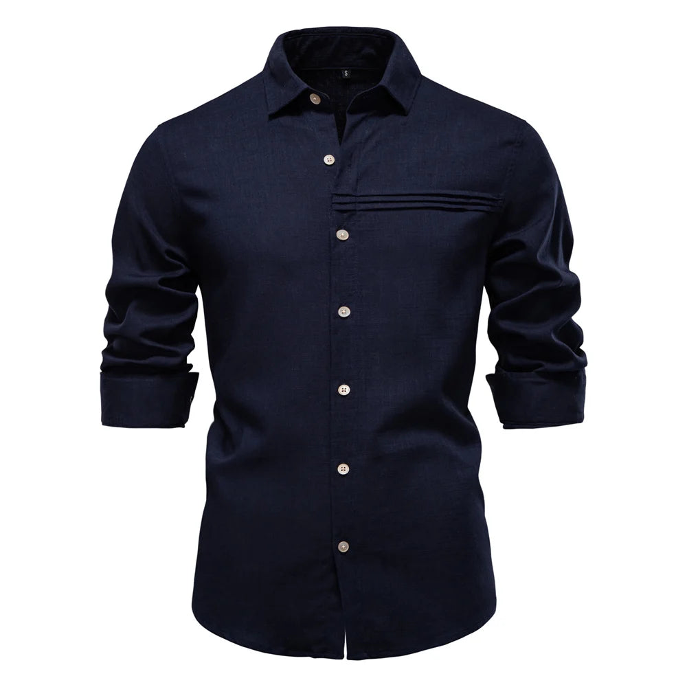 2025 New Design Men's Solid Color Linen Long Sleeve Shirt - Casual Button-Down Collar Shirt for Men