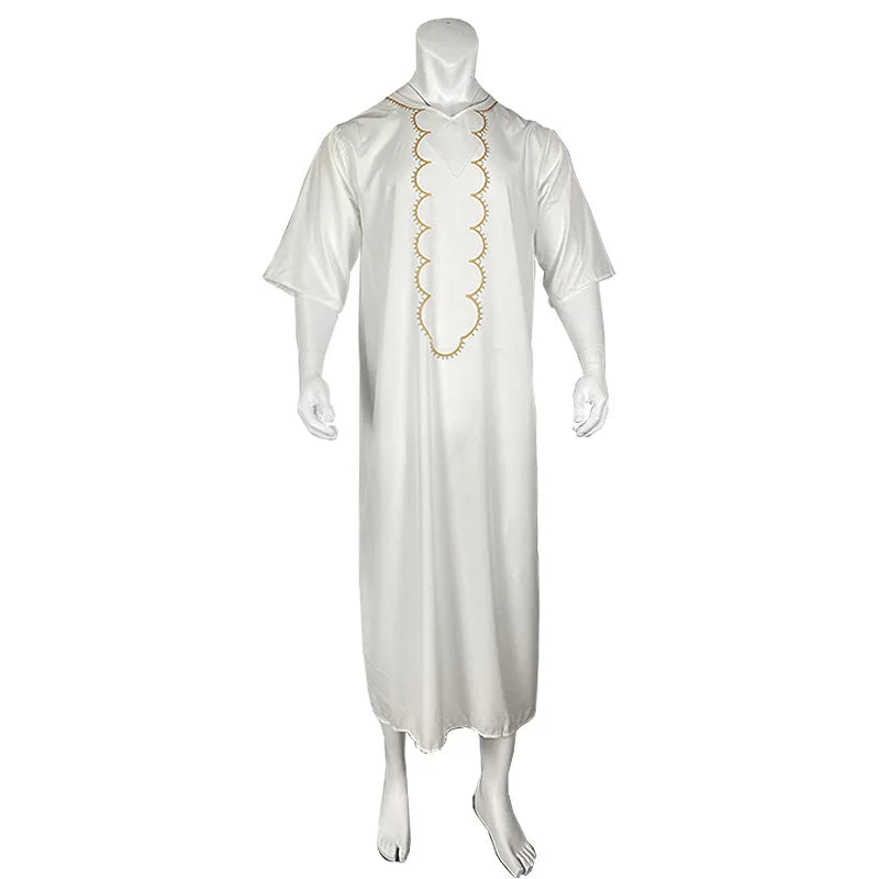 Men Muslim Summer Fashion Loose Robe Islam Kaftan Men Clothing Dubai Luxury Muslim Abaya Muslim V-neck Short Sleeve Printing