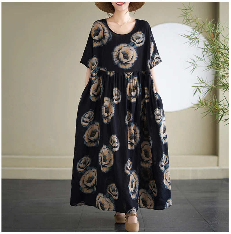 Oversized Summer Bohemian Style Long Dress Women Ruffle Pleated Fashion Flower Print Ladies Dresses Loose Casual Woman Dress