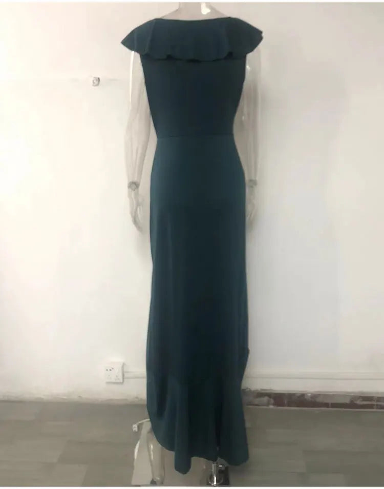 2023 Autumn New European and American Style V-Neck Long Dress with Ruffled Edge Irregular Elegant Dress Party Dress