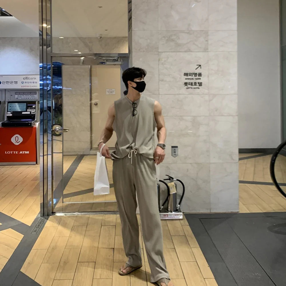 New Summer Clothing Mens Casual Tank Tops Set Luxury Korean Streetwear O Neck Solid Drape Vest and Trousers 2 Piece Suit