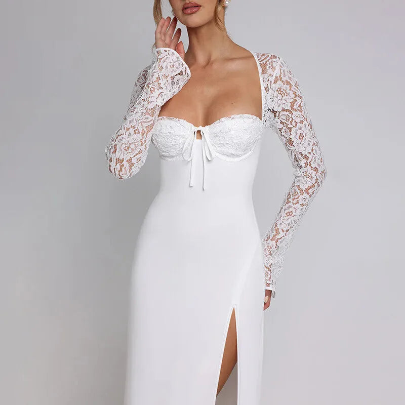 Mozision Lace Long Sleeve Sexy Maxi Dress Women Autumn New Square Collar Backless Lace-up High Split Sexy Club Party Long Dress