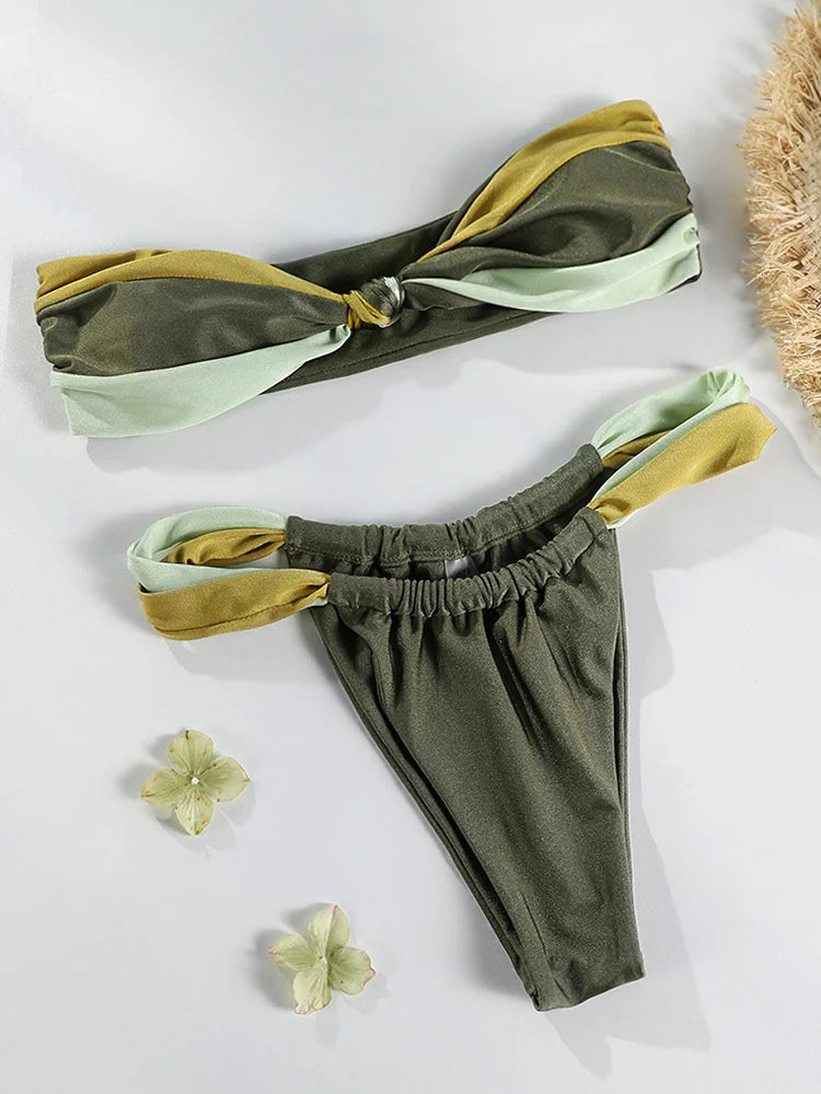 Patchwork Bikini Set for Women, Bandeau Swimsuit, Push Up Swimwear, Sexy Bikinis, High Cut Thong, Brazilian Beachwear, New