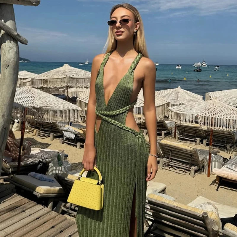 Knitted Halter Over Long Dresses Camisole V-Neck Hollow Out Strap Waist Cinching Slimming Split Beach Long Dresses Crochet Robes