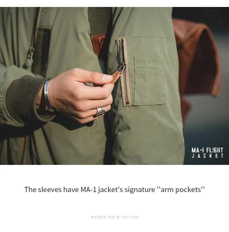 Maden Retro MA1 Bomber Jacket Thickened Splicing Baseball Flight Coat with Inner Pocket for Men's Winter Cotton Padded Jacket