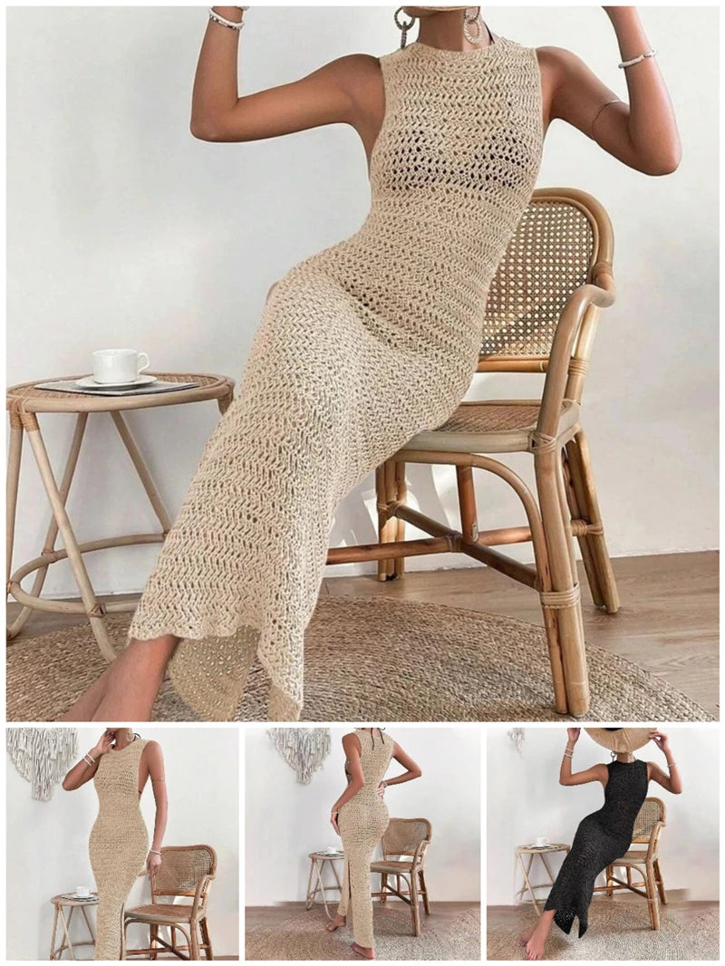 Women's Beach Style O-Neck Knit Hollow out Long Dress 2025 Summer Female Casual Sleeveless Dress Beach Bikini Cover-up Blouse