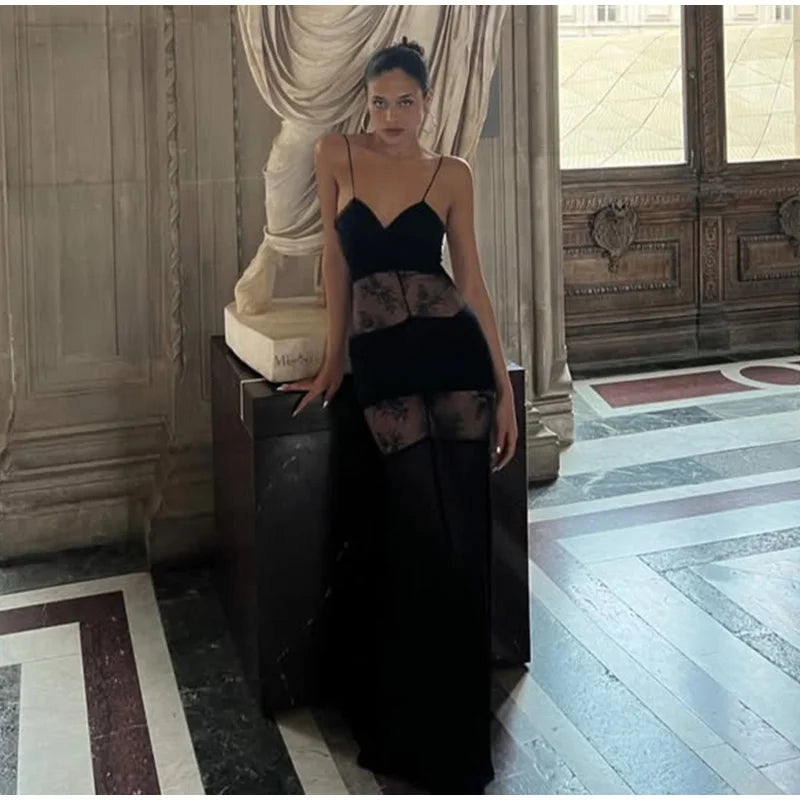 New Sexy Lace V-neck Sling Long Dress Women Retro Black Perspective Sleeveless Patchwork Maxi Dresses Female Chic Street Party