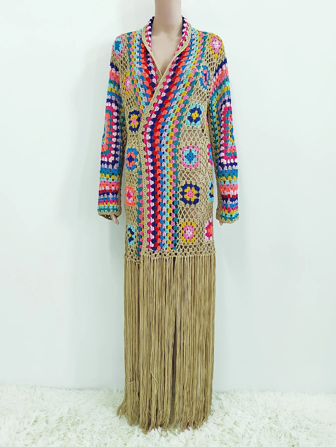 Crochet Knitted Women Cardigan Cover Ups Tassel Plaid Long Coat Bohemian 2023 Summer Beach Bikini Covers Sexy Hook Vestidos