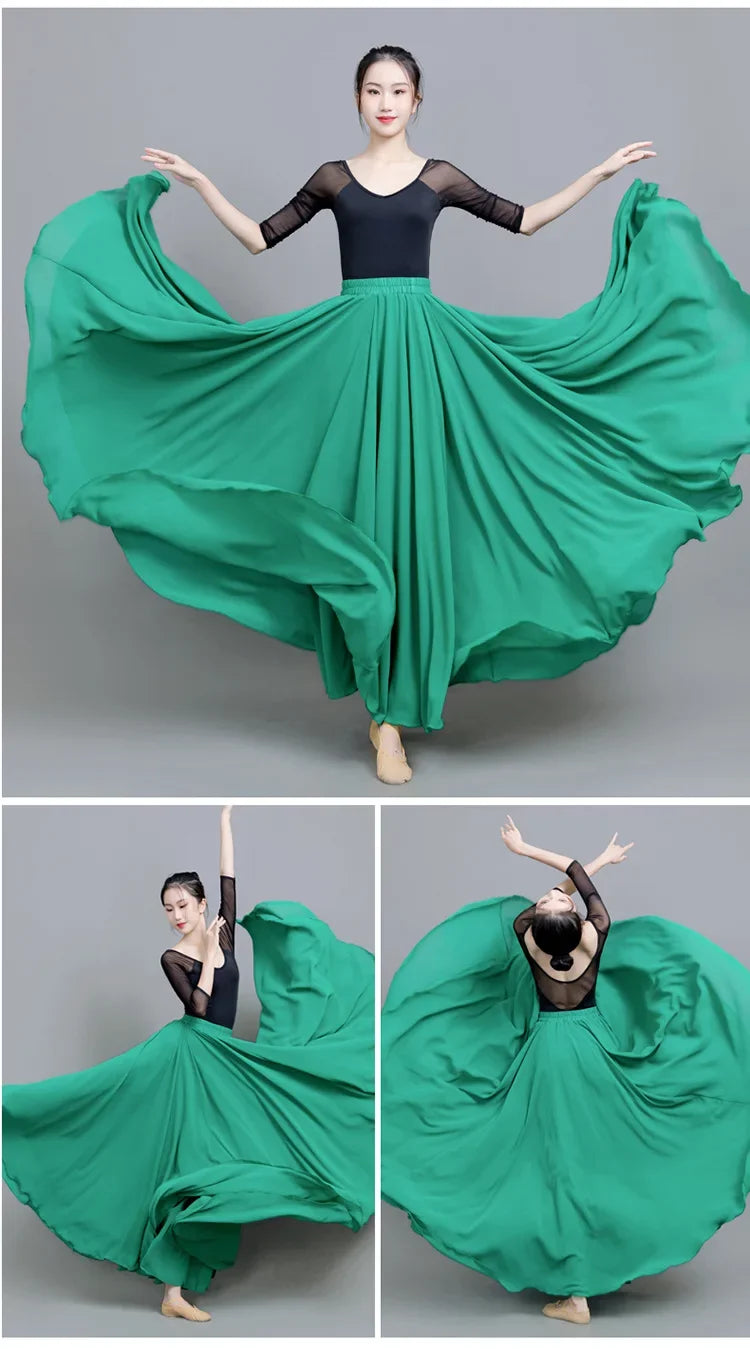 720 Degree Wide Dancing Skirt Chiffon Double Layer Semi-Long Dress Women's Solid Color Xinjiang Dance Skirt