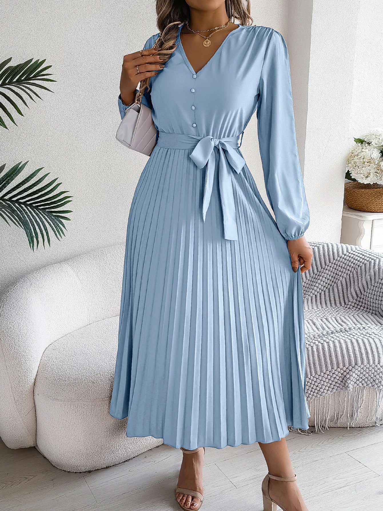 Autumn Winter Elegant V-Neck Button Belt Long Sleeved Solid Color Pleated Long Dress For Women Dresses