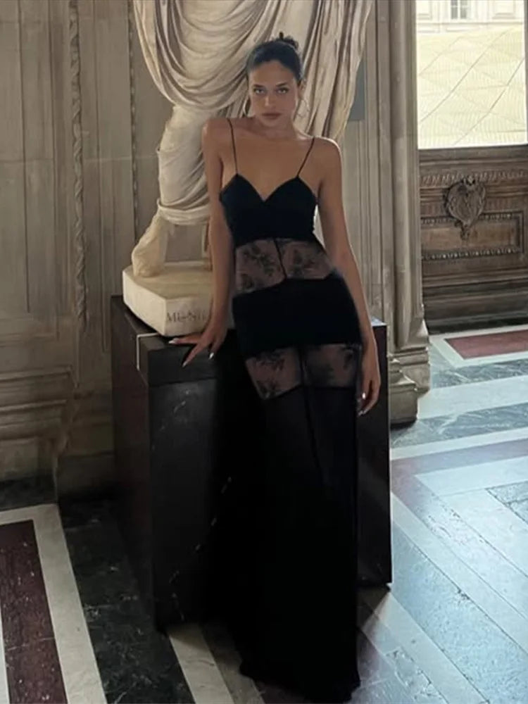 New Sexy Lace V-neck Sling Long Dress Women Retro Black Perspective Sleeveless Patchwork Maxi Dresses Female Chic Street Party