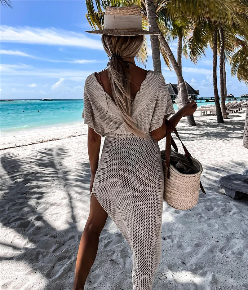 2024 White Crochet Tunic Bikini Cover-ups Sexy Hollow Out Long Dress V neck Women Summer Clothes Beach Wear Knitted Cover Up